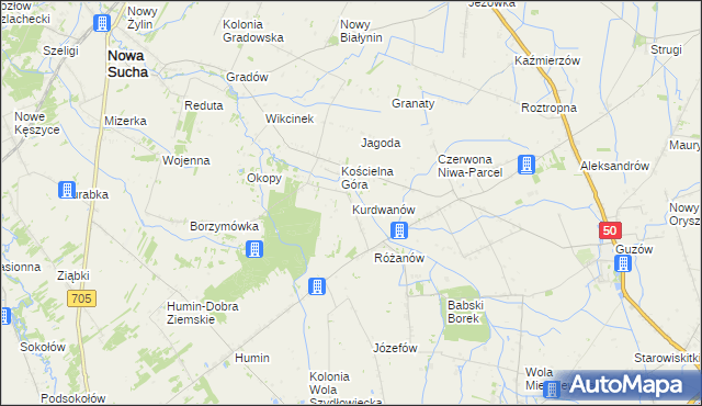 mapa Kurdwanów gmina Nowa Sucha, Kurdwanów gmina Nowa Sucha na mapie Targeo