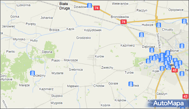 mapa Kurów gmina Wieluń, Kurów gmina Wieluń na mapie Targeo