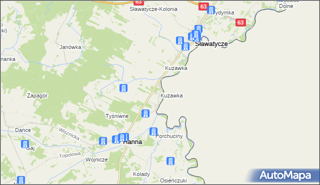 mapa Kuzawka gmina Hanna, Kuzawka gmina Hanna na mapie Targeo