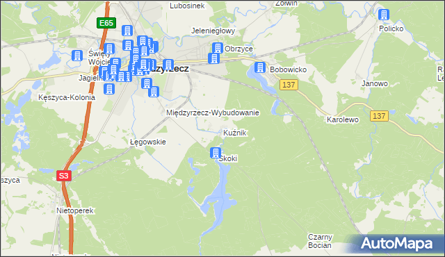 mapa Kuźnik gmina Międzyrzecz, Kuźnik gmina Międzyrzecz na mapie Targeo