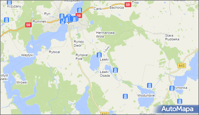 mapa Ławki gmina Ryn, Ławki gmina Ryn na mapie Targeo
