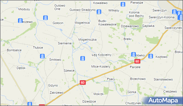 mapa Łęg Kościelny, Łęg Kościelny na mapie Targeo
