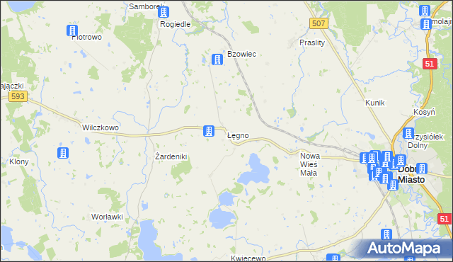 mapa Łęgno gmina Dobre Miasto, Łęgno gmina Dobre Miasto na mapie Targeo