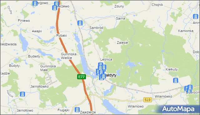 mapa Leśnica gmina Małdyty, Leśnica gmina Małdyty na mapie Targeo
