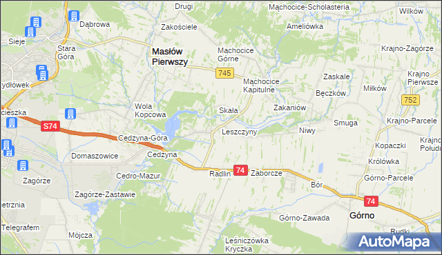 mapa Leszczyny gmina Górno, Leszczyny gmina Górno na mapie Targeo
