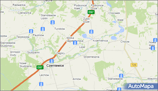 mapa Lipie gmina Czerniewice, Lipie gmina Czerniewice na mapie Targeo