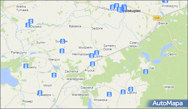 mapa Lipinki gmina Biskupiec, Lipinki gmina Biskupiec na mapie Targeo