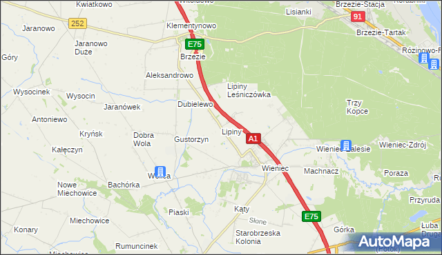 mapa Lipiny gmina Brześć Kujawski, Lipiny gmina Brześć Kujawski na mapie Targeo