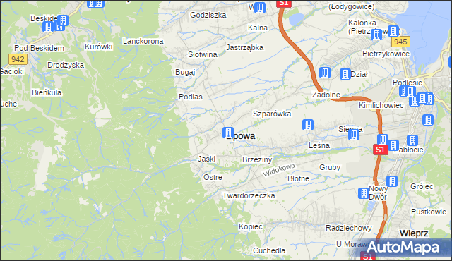 mapa Lipowa powiat żywiecki, Lipowa powiat żywiecki na mapie Targeo
