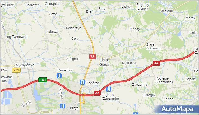 mapa Lisia Góra powiat tarnowski, Lisia Góra powiat tarnowski na mapie Targeo