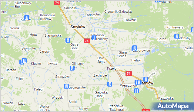 mapa Lisie Jamy gmina Mniów, Lisie Jamy gmina Mniów na mapie Targeo