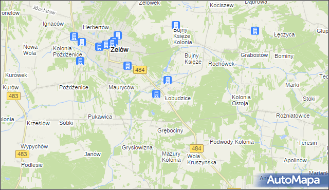 mapa Łobudzice gmina Zelów, Łobudzice gmina Zelów na mapie Targeo