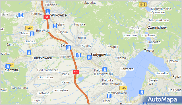 mapa Łodygowice powiat żywiecki, Łodygowice powiat żywiecki na mapie Targeo