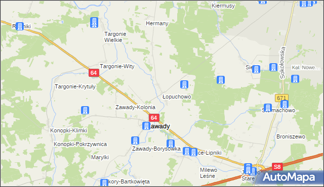 mapa Łopuchowo gmina Tykocin, Łopuchowo gmina Tykocin na mapie Targeo