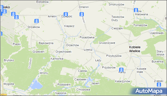 mapa Łowicz gmina Kobiele Wielkie, Łowicz gmina Kobiele Wielkie na mapie Targeo
