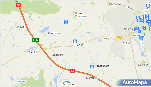 mapa Łozice gmina Kozielice, Łozice gmina Kozielice na mapie Targeo