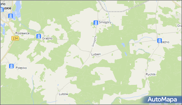 mapa Lubień gmina Ośno Lubuskie, Lubień gmina Ośno Lubuskie na mapie Targeo
