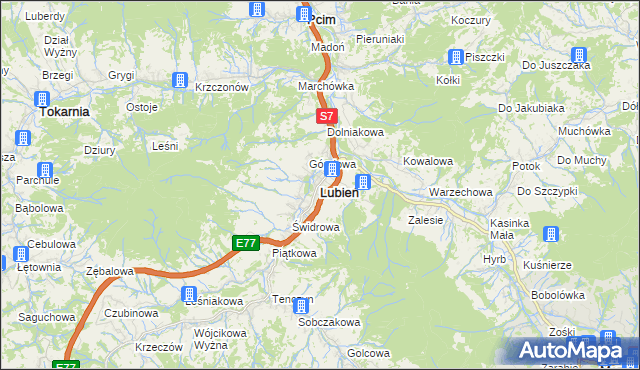 mapa Lubień powiat myślenicki, Lubień powiat myślenicki na mapie Targeo
