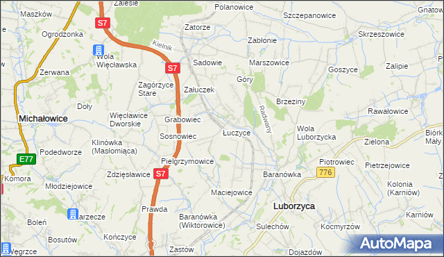 mapa Łuczyce gmina Kocmyrzów-Luborzyca, Łuczyce gmina Kocmyrzów-Luborzyca na mapie Targeo