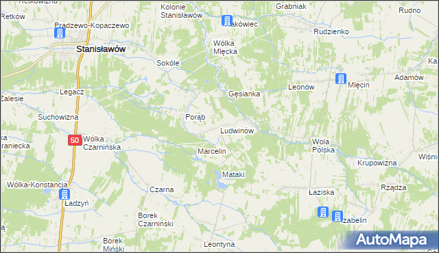mapa Ludwinów gmina Jakubów, Ludwinów gmina Jakubów na mapie Targeo