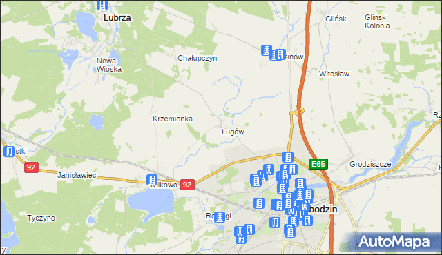 mapa Ługów gmina Świebodzin, Ługów gmina Świebodzin na mapie Targeo