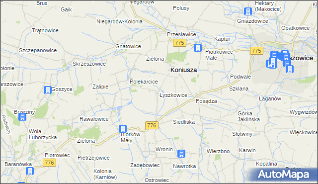 mapa Łyszkowice gmina Koniusza, Łyszkowice gmina Koniusza na mapie Targeo