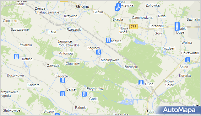 mapa Maciejowice gmina Gnojno, Maciejowice gmina Gnojno na mapie Targeo