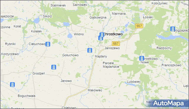 mapa Majdany gmina Chrostkowo, Majdany gmina Chrostkowo na mapie Targeo