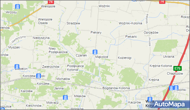 mapa Mąkolice gmina Wola Krzysztoporska, Mąkolice gmina Wola Krzysztoporska na mapie Targeo