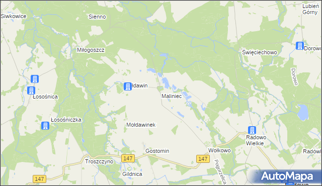 mapa Maliniec gmina Radowo Małe, Maliniec gmina Radowo Małe na mapie Targeo