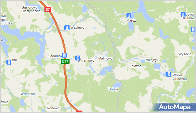 mapa Malinowo gmina Olsztynek, Malinowo gmina Olsztynek na mapie Targeo