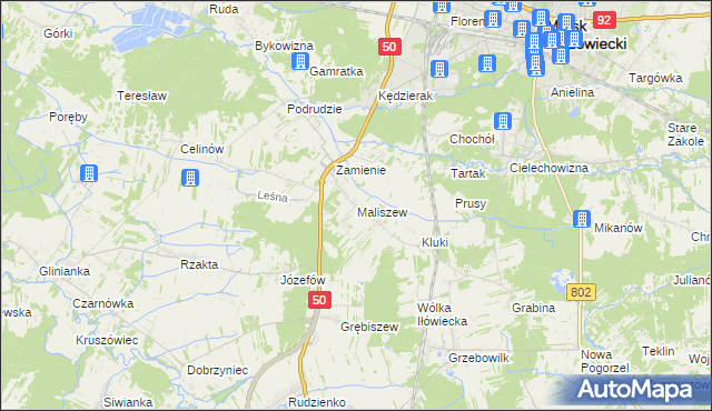 mapa Maliszew gmina Mińsk Mazowiecki, Maliszew gmina Mińsk Mazowiecki na mapie Targeo