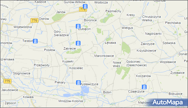 mapa Marcinkowice gmina Kazimierza Wielka, Marcinkowice gmina Kazimierza Wielka na mapie Targeo