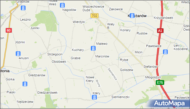 mapa Marcinów gmina Krzyżanów, Marcinów gmina Krzyżanów na mapie Targeo