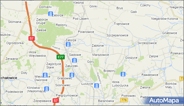 mapa Marszowice gmina Kocmyrzów-Luborzyca, Marszowice gmina Kocmyrzów-Luborzyca na mapie Targeo
