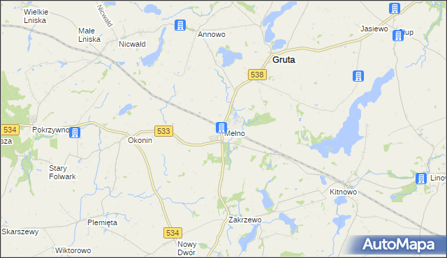 mapa Mełno gmina Gruta, Mełno gmina Gruta na mapie Targeo