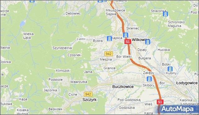mapa Meszna gmina Wilkowice, Meszna gmina Wilkowice na mapie Targeo