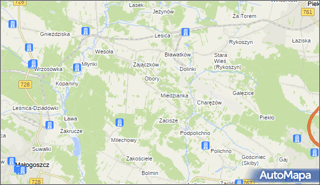 mapa Miedzianka gmina Chęciny, Miedzianka gmina Chęciny na mapie Targeo