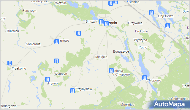 mapa Mielęcin gmina Krzęcin, Mielęcin gmina Krzęcin na mapie Targeo