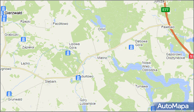 mapa Mielno gmina Grunwald, Mielno gmina Grunwald na mapie Targeo