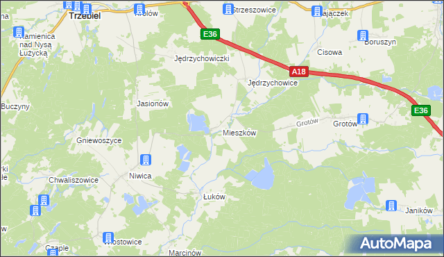 mapa Mieszków gmina Trzebiel, Mieszków gmina Trzebiel na mapie Targeo