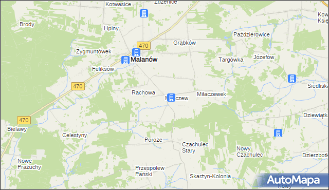 mapa Miłaczew gmina Malanów, Miłaczew gmina Malanów na mapie Targeo