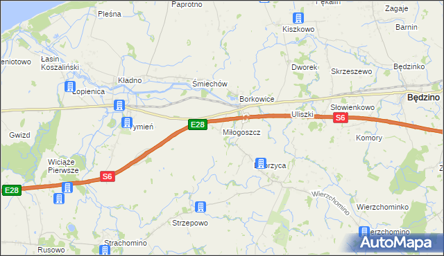 mapa Miłogoszcz gmina Będzino, Miłogoszcz gmina Będzino na mapie Targeo