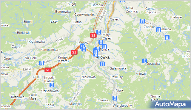 mapa Milówka powiat żywiecki, Milówka powiat żywiecki na mapie Targeo