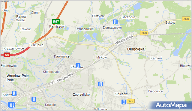 mapa Mirków gmina Długołęka, Mirków gmina Długołęka na mapie Targeo