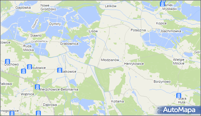 mapa Młodzianów gmina Milicz, Młodzianów gmina Milicz na mapie Targeo