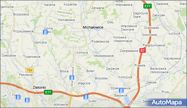mapa Młodziejowice gmina Michałowice, Młodziejowice gmina Michałowice na mapie Targeo