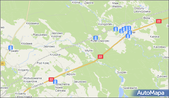 mapa Młynki gmina Czersk, Młynki gmina Czersk na mapie Targeo