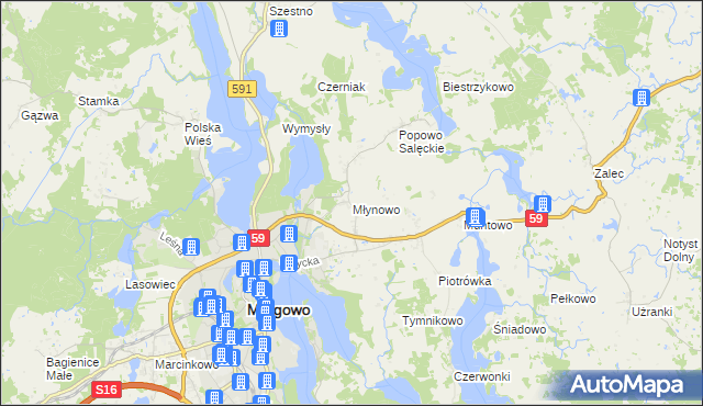 mapa Młynowo gmina Mrągowo, Młynowo gmina Mrągowo na mapie Targeo