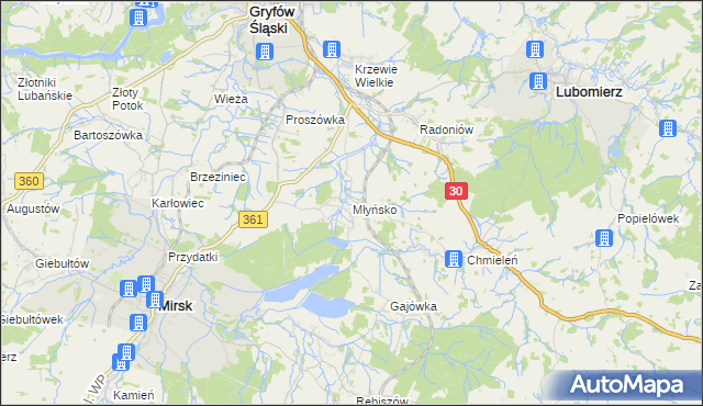 mapa Młyńsko gmina Gryfów Śląski, Młyńsko gmina Gryfów Śląski na mapie Targeo
